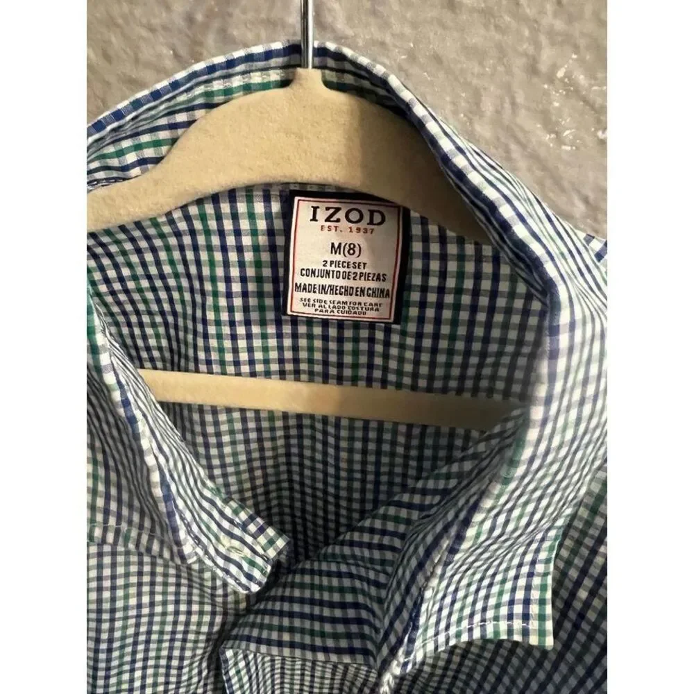 Boys white purple green plaid long sleeve button up shirt Izod size 8‎